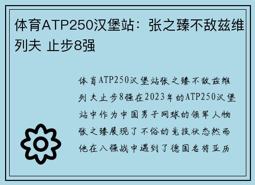 体育ATP250汉堡站：张之臻不敌兹维列夫 止步8强